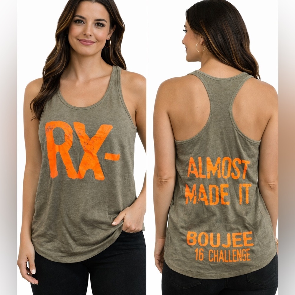 NEXT LEVEL Olive Green Racerback Tank with Orange Graphic MEDIUM